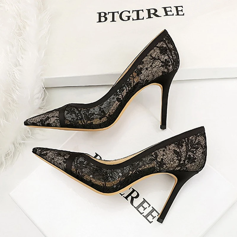 

Туфли-лодочки BIGTREE Spring Sexy Black Mesh с острым носком на шпильке, женские, для вечеринок, сандалии Mujer