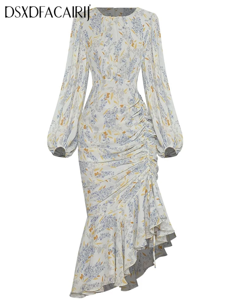 

DSXDFACAIRIJ Women's Vintage Mermaid Dress Flower Print O-Neck Lantern Sleeve Folded Design Summer Fashion Female Gown