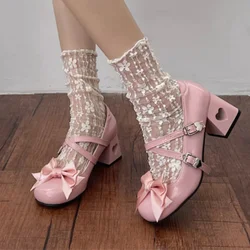 Fashion Pink Mary Jane Shoes for Women Spring New Design Leather Low Heels Women Silk Bow Tie Ankle Strap Party Shoes