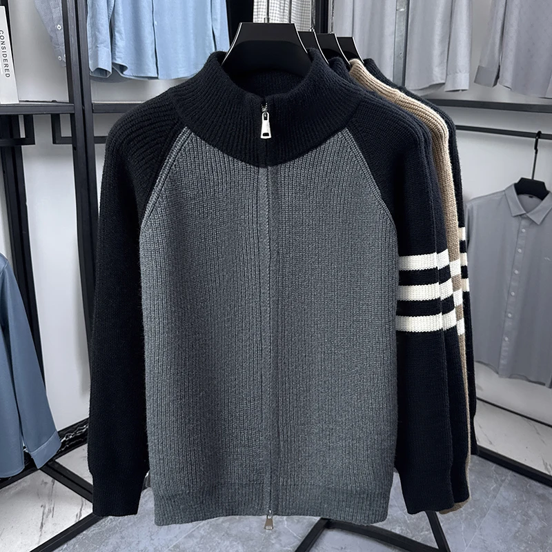 Hochwertige Herren-Strickjacke, Modemarke, gestreift, mit Reißverschluss, Stehkragen, Herbst/Winter, neuer, personalisierter, lässiger Pullover-Mantel – Detail 17