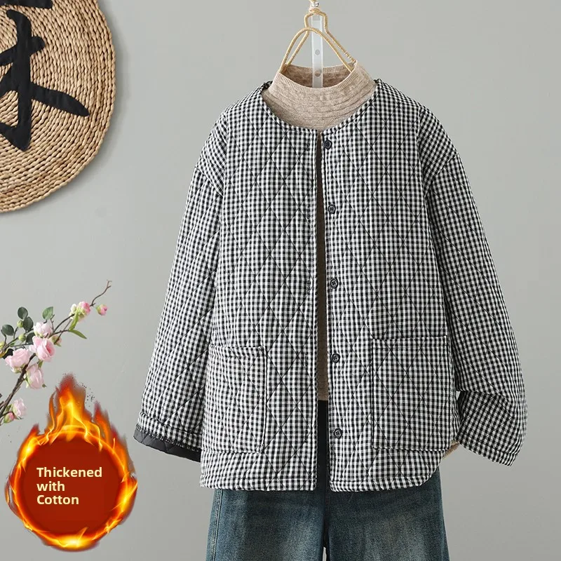 

Легкая художественная простая клетчатая хлопковая круглая теплая верхняя одежда Ne Thiened для женщин, зимнее свободное пальто на одной пуговице