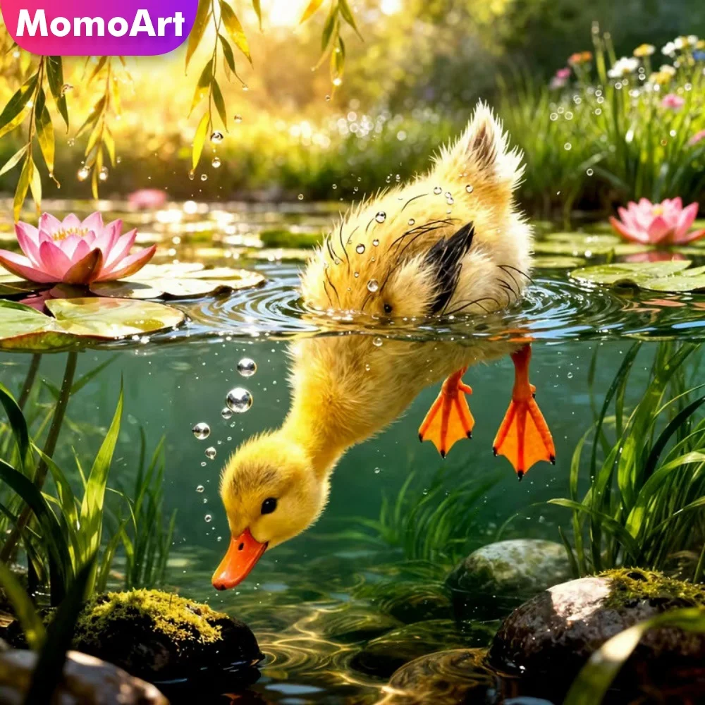 Momoart Full Square Round Diamond Embroidery Duck Animal Rhinestones Painting Lotus Needlework Mosaic Handicraft Wall Decor