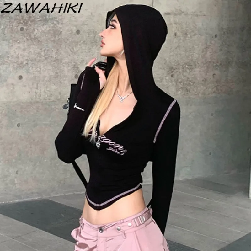 Y2k Crop Tops Irregular Contrast Color Hoodies Women Slim Waist Zipper Design Top Female Office Lady Fashion Sexy Mujer Chaqueta