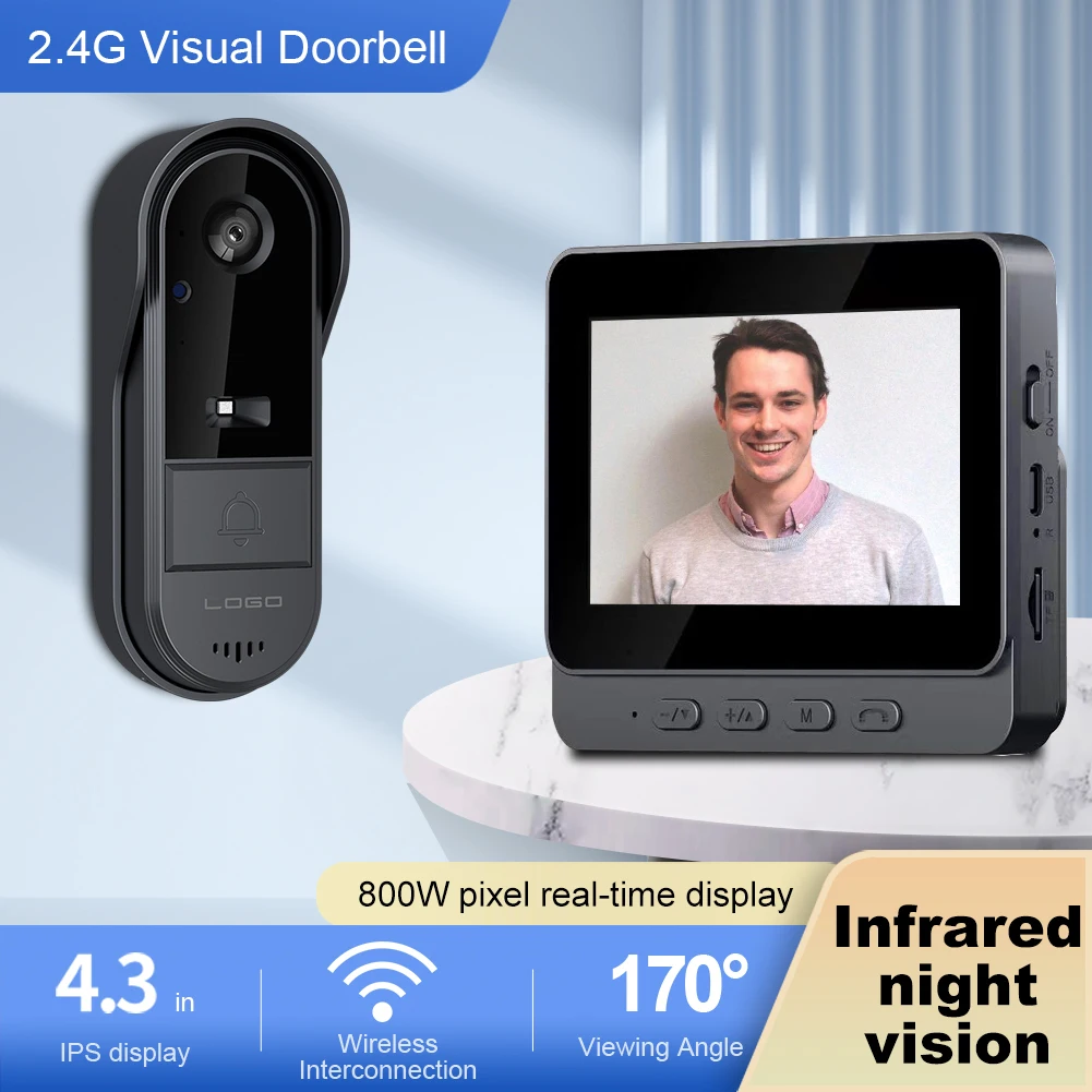 2.4G WiFi Wireless Visual Doorbell IR Night Vision Eye Peephole Camera 4.3 Inch IPS Screen Video Intercom Door Camera Waterproof