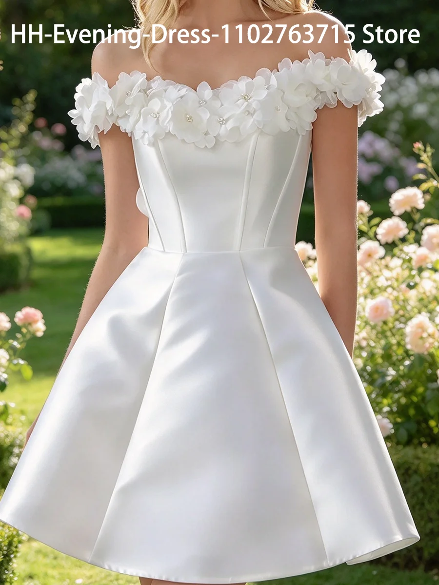 Classic Off Shouldere Satin 3D Flowers Sleeveless A-Line Bride Wedding Dresses Bridal Gowns Customized