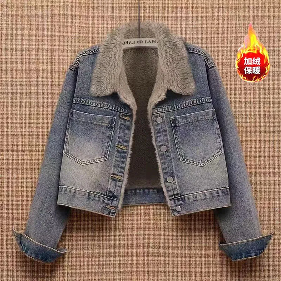

Осень-зима плюс бархатная утепленная джинсовая куртка женская мода свободные с длинным рукавом корейские короткие повседневные джинсовые пальто женское пальто