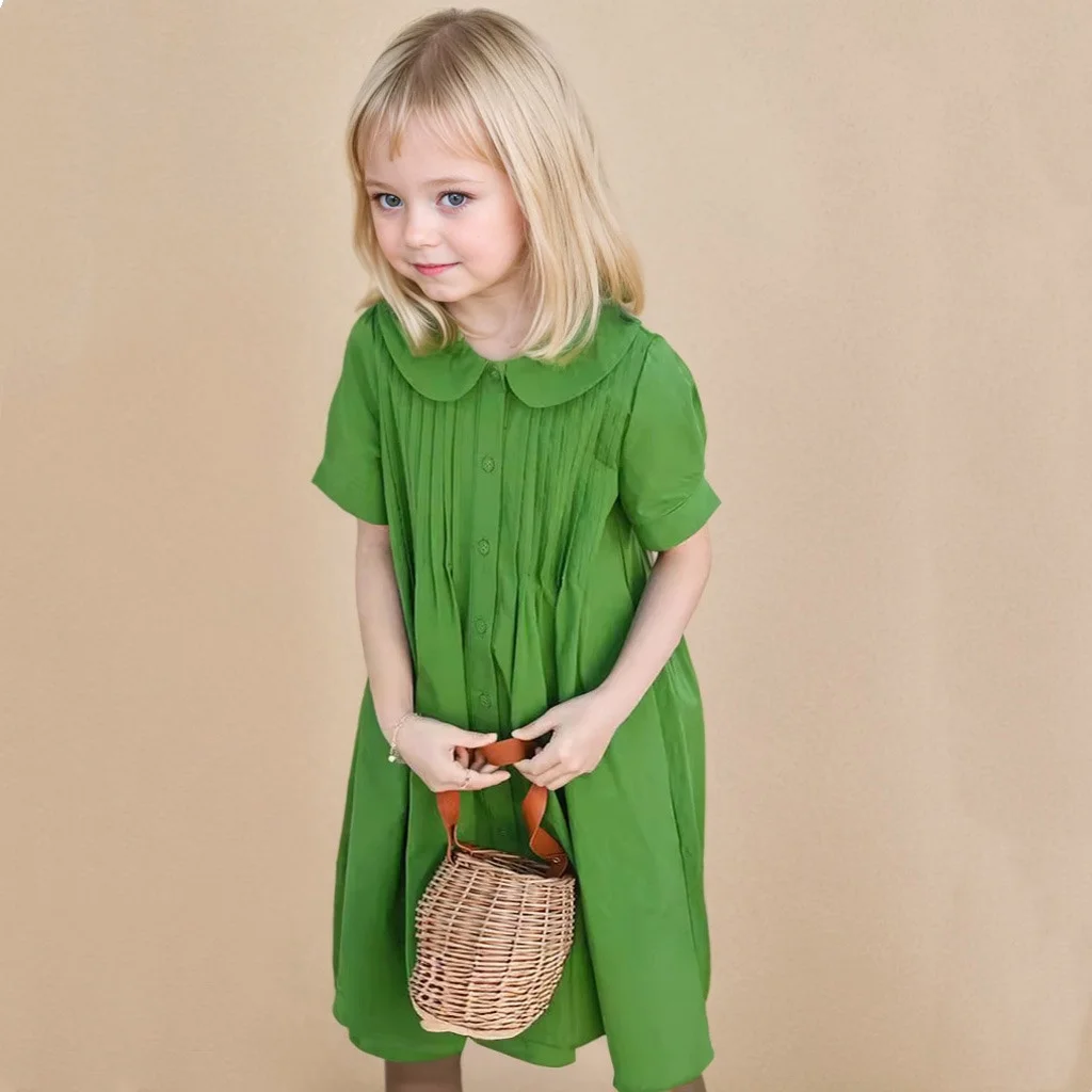 Fashion Girls Clothing Summer Toddler Girl Dress Green Bow Doll Collar Soft  Comfortable Cotton Puff Sleeve Children  Kids Dress