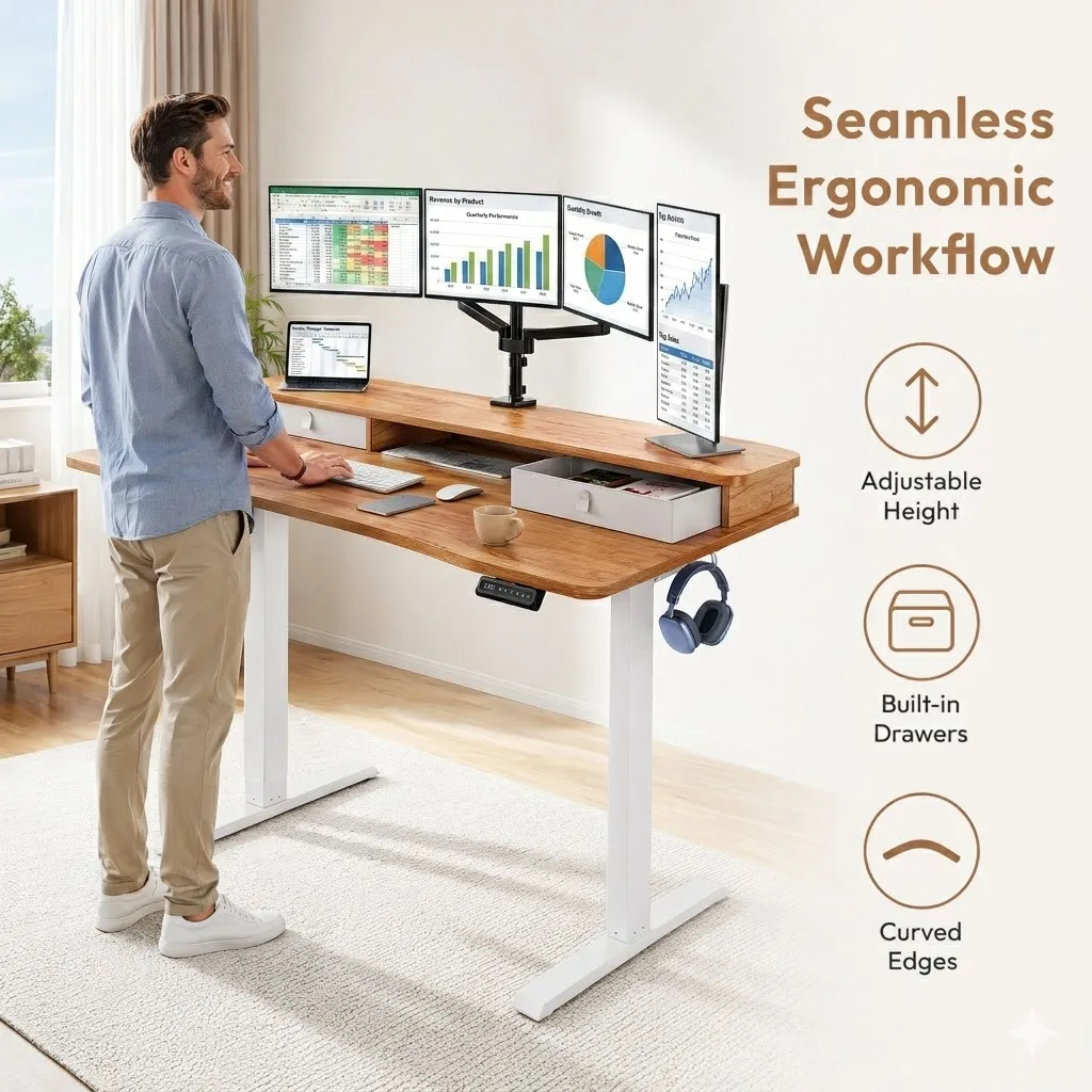 60″ X 30″ Electric Standing Desk with 2 Drawers, C-Clamp Mount Compatible, Height Adjustable Computer Desk, Home Office Stand Up Desk with 4 Preset Heights & 2 Hooks