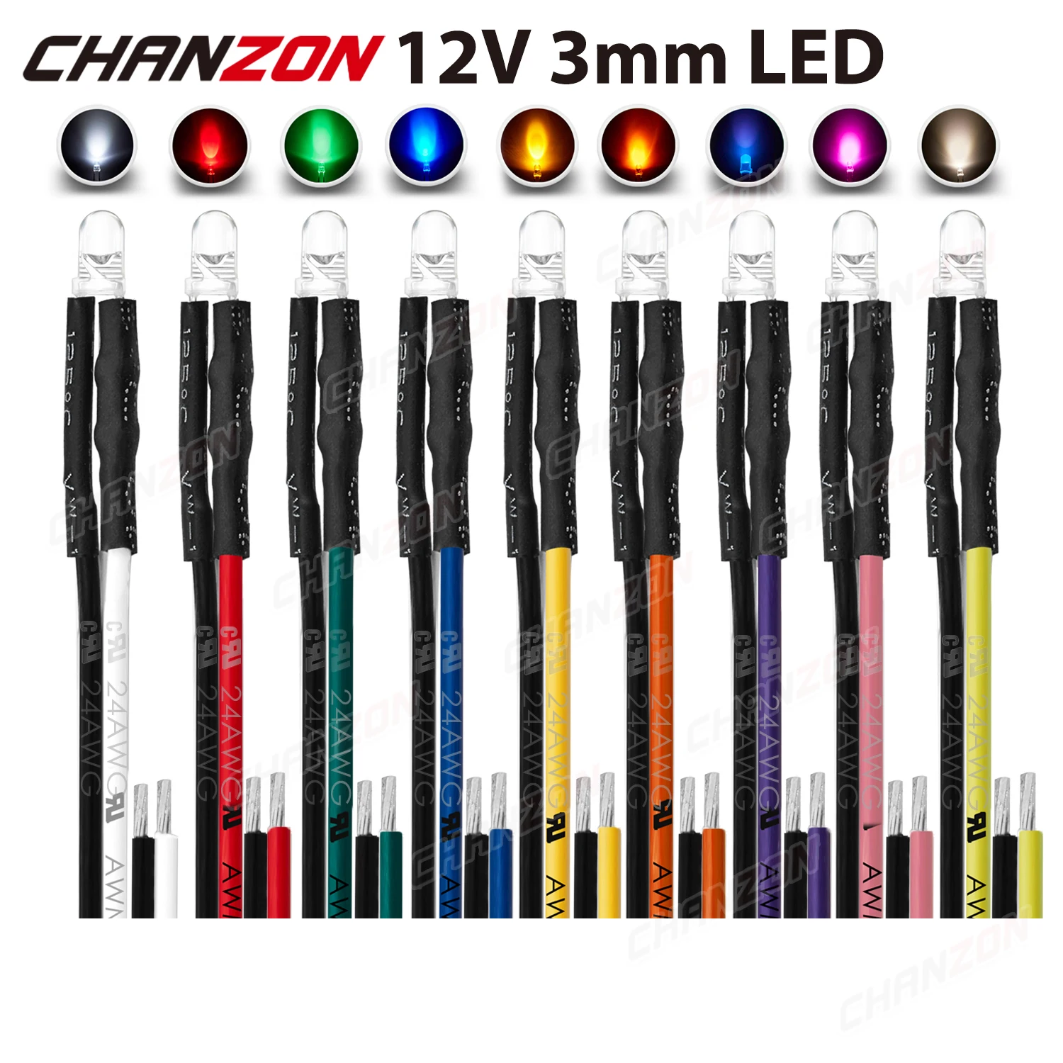 20 piezas diodo LED de 3mm 12V blanco cálido rojo verde azul amarillo naranja UV púrpura rosa precableado 5 9 12 V lámpara indicadora emisora de luz