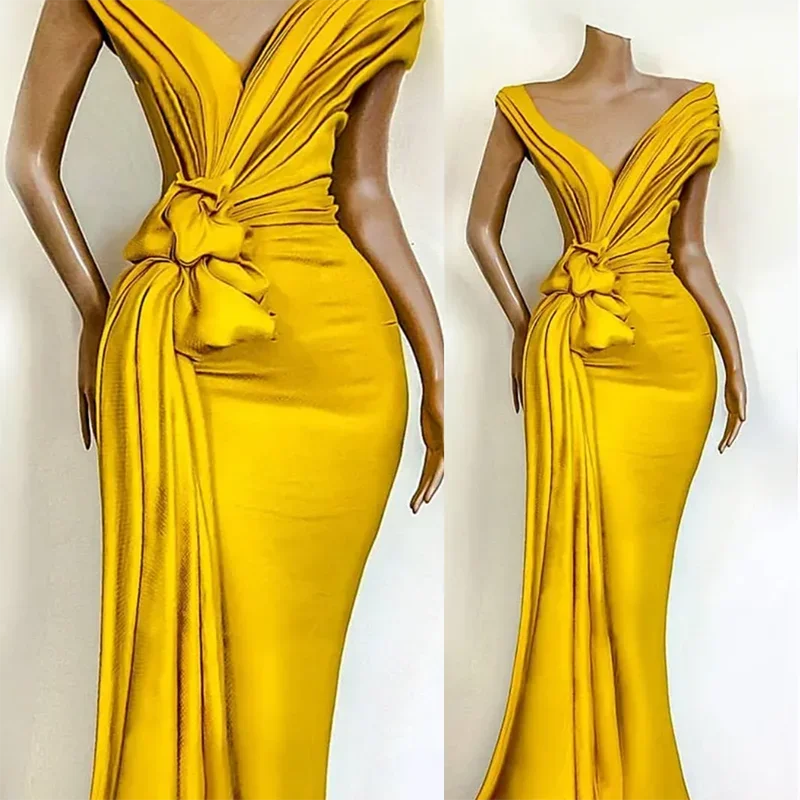 

2024 Plus Size Fashion Stunning Yellow V-Neck Knoted Mermaid Off the Shoulder Formal Wedding Guest Evening Prom Dresses Summer