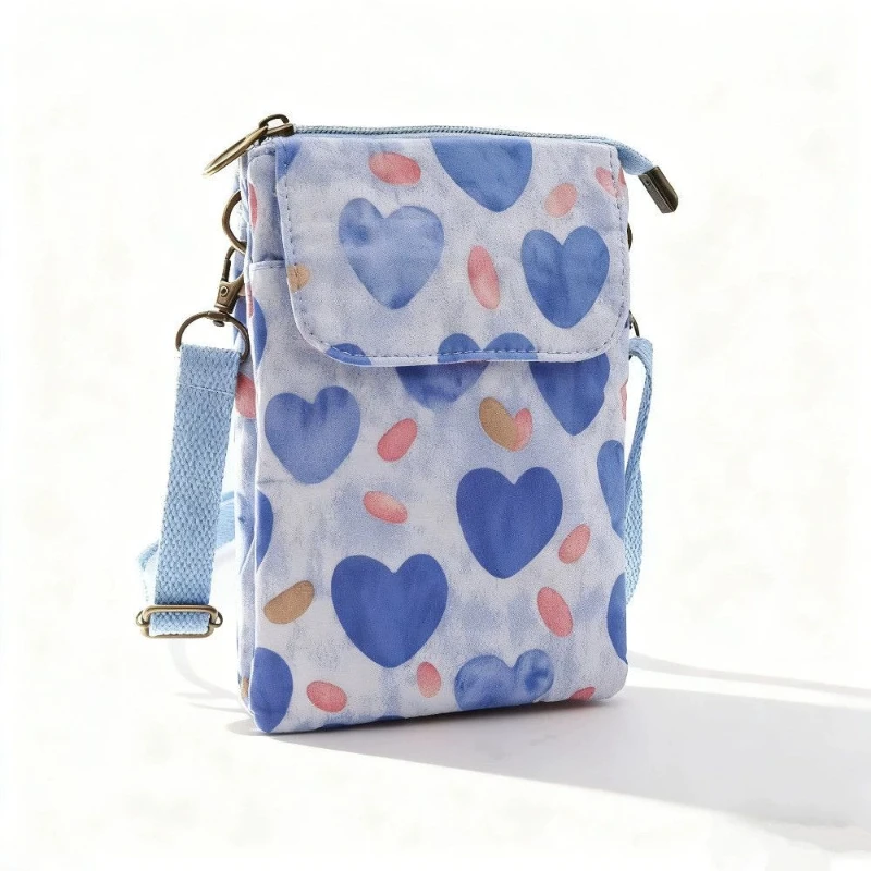 Blue Red Heart Orange Flower Floral Painting Crossbody Phone Bag Mini Canvas Shoulder Purse Lightweight Handbag For Women Girls