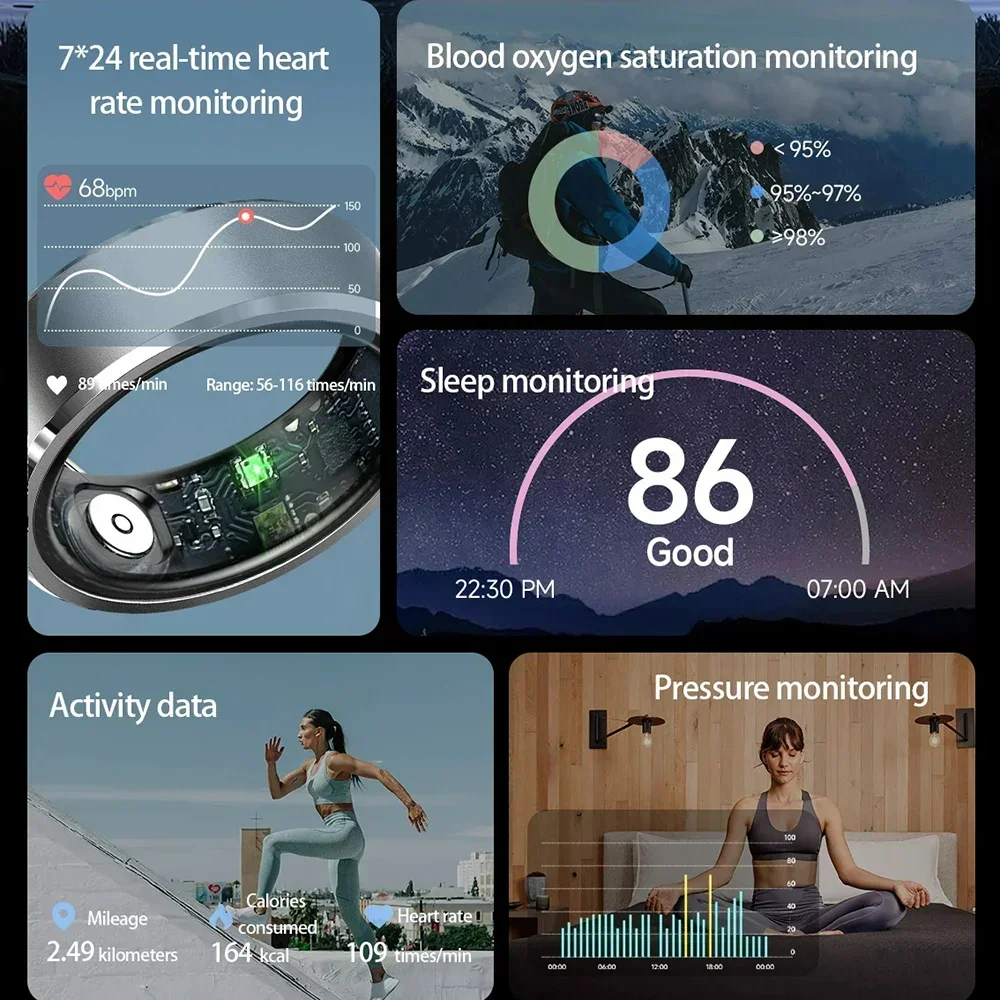 Per Xiaomi Huawei Apple Smart Rings, frequenza cardiaca, ossigeno nel sangue, stress, Smartring IP68 per uomini e donne, monitoraggio fitness del