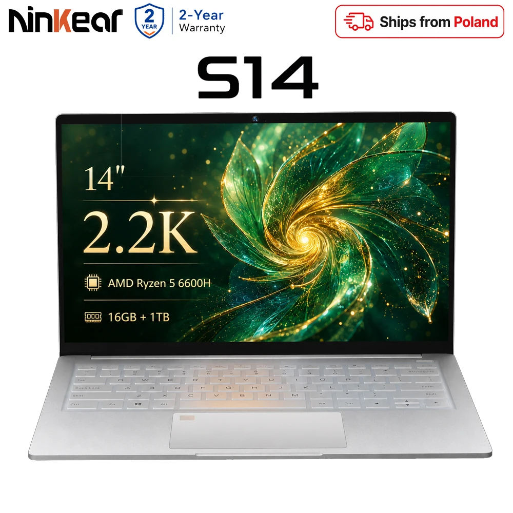Ninkear S14 Portátil AMD Ryzen 5 6600H 14 Pulgadas 2.2K 2240×1400 IPS, 16GB LPDDR5 512GB/1TB SSD, Ordenador Ultraligero de 1kg, WiFi 6, Carga Rápida PD 65W, Huella Digital, Windows 11