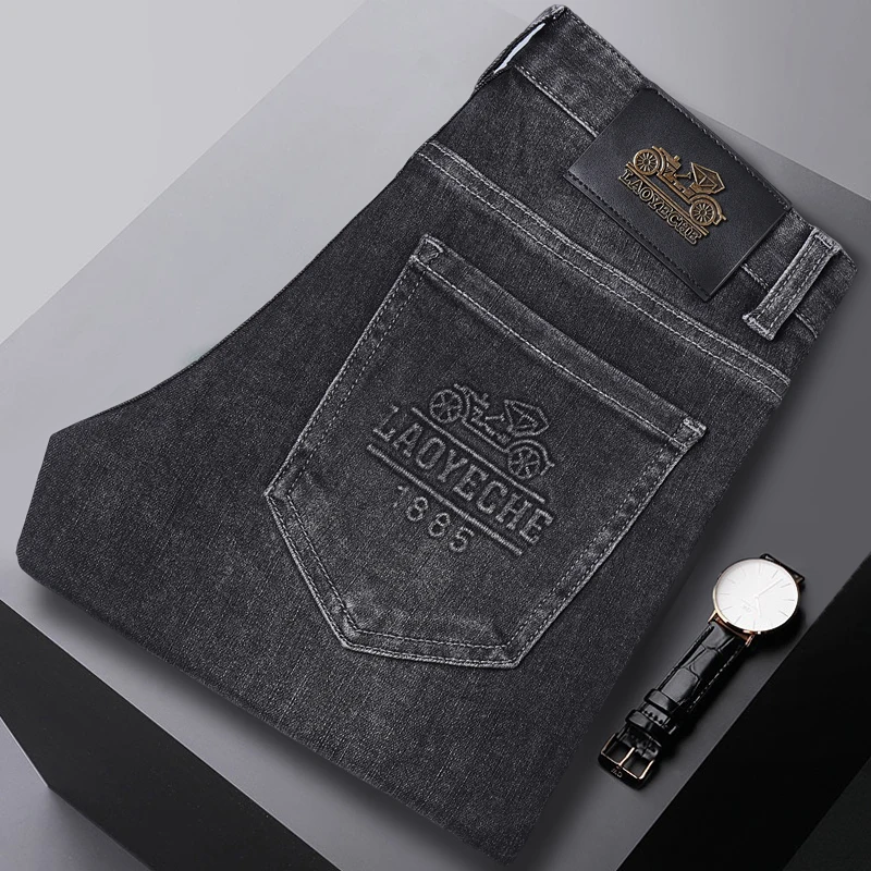 Jeans grigio fumé pantaloni da lavoro casual all-match alla moda con stampa tridimensionale alla moda elasticizzata Slim Fit da uomo