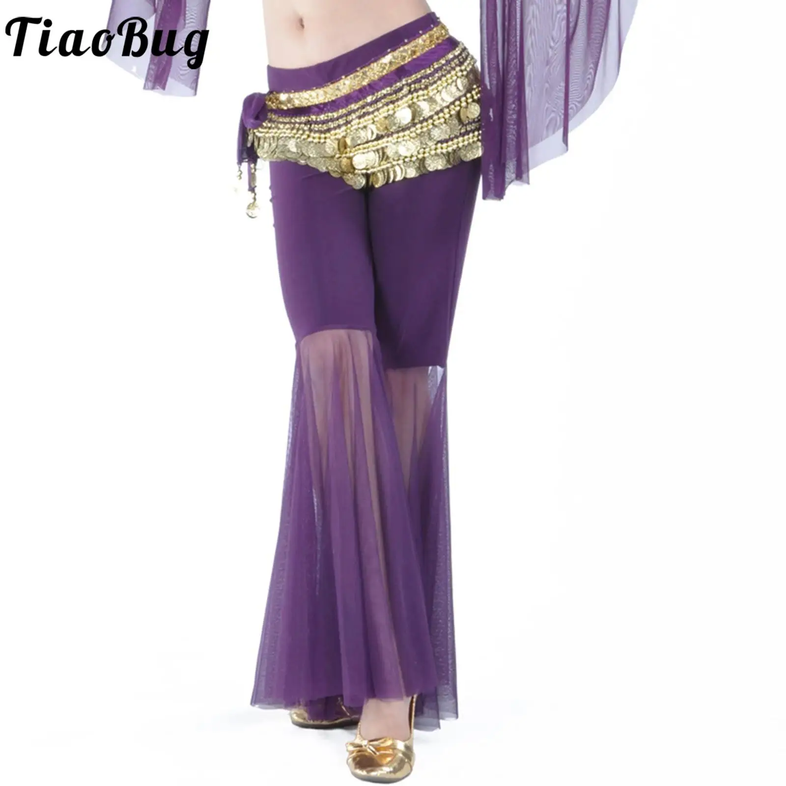 Womens Belly Dance Practice Stage Performance Costume Sheer Tulle Bell-Bottomed Pants Low Rise Flared Trousers