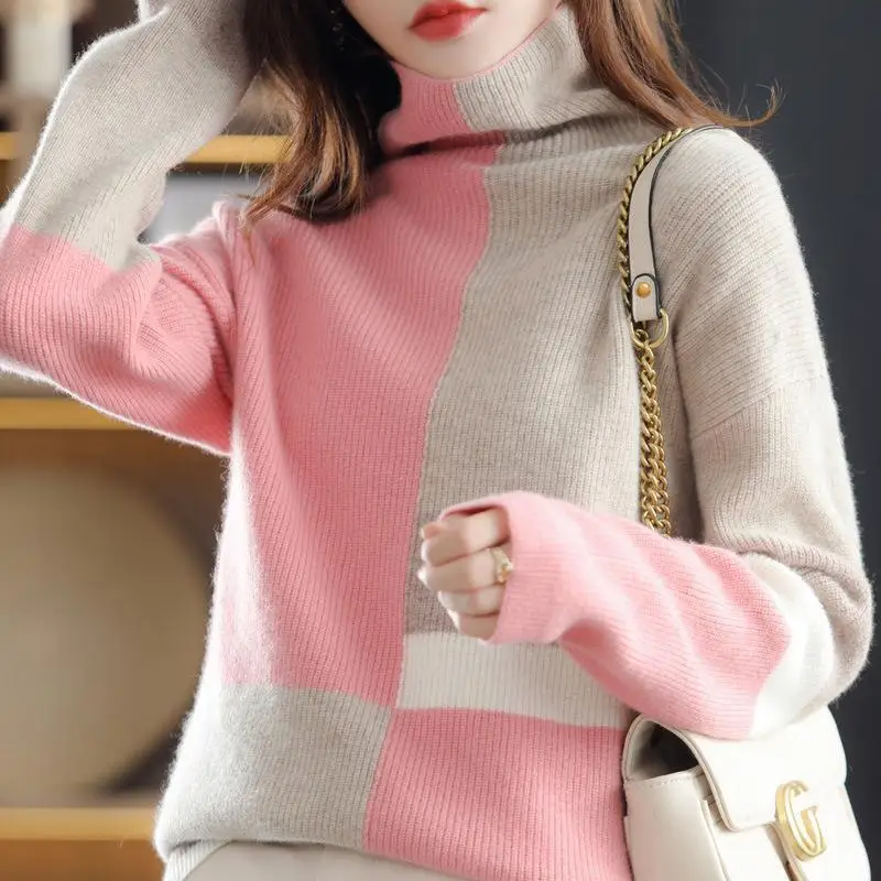 Women Trendy Contrast Color Turtleneck Soft Warm Knitted Sweaters Autumn Winter Casual Long Sleeve Loose Pullover Tops Jumpers