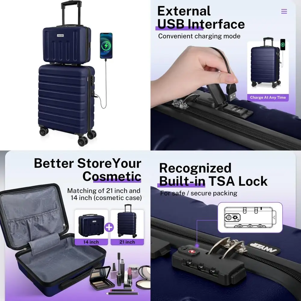 Lightweight Hardside ABS Luggage Set with USB Port, Carry-On and Mini Cosmetic Cases, TSA Approved for Travel