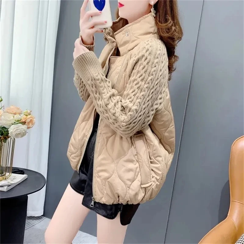 Women Standing Collar sweater Patchwork Down cotton coat Female Autumn Winter 2023 New Loose Design Cardigan Outcoat Top Ladies