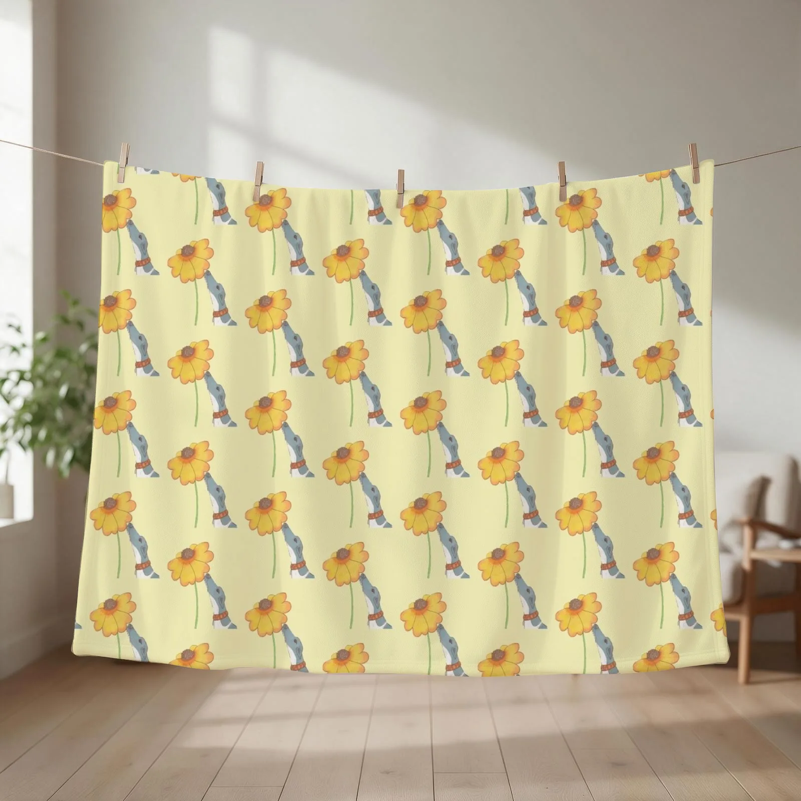 Just Sniffing Sunshine - Greyhound Sniffing a Yellow Flower Throw Blanket couch cozy soft plush fuzzy picnic outdoor blanket