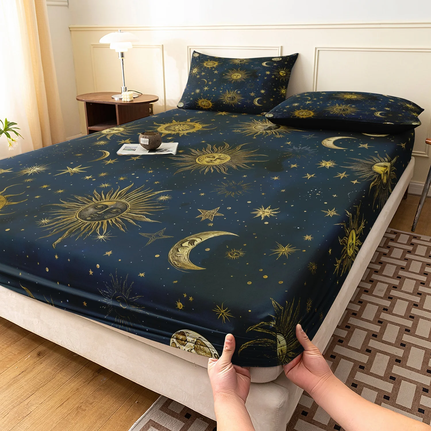 3 Pieces Dark Blue Celestial Sun Moon Fitted Sheet Bedding Set, Vintage Star Galaxy Print Bedding, Bohemia Cosmic Decor Bedding