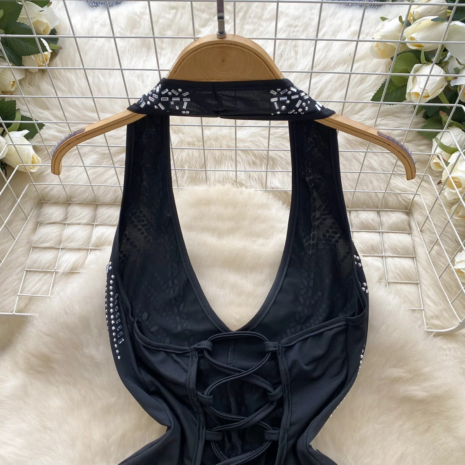 Hotsweet Halter Deep V-neck Sleeveless Sexy Backless Rhinestone Slim High Street High Waist Short Pants Summer Women Playsuits