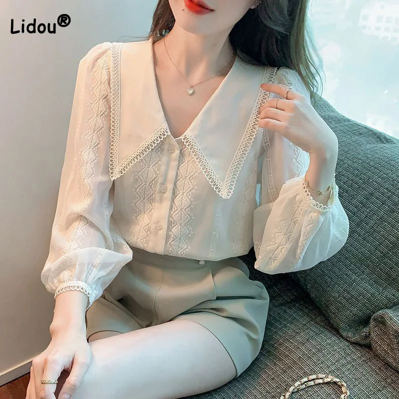 

100% Pure Cotton Office Lady Peter Pan Collar Women Blouses Spring Autumn Embroider Button Apricot Long Puff Sleeve Loose Shirt