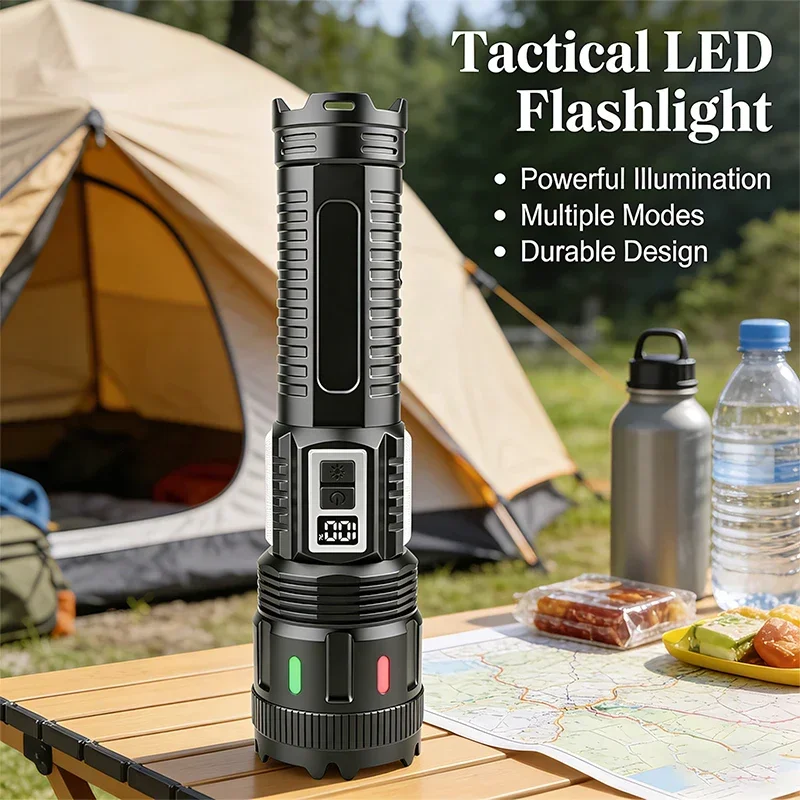 Super bright flashlight, solar rechargeable, large capacity battery, long lasting, portable digital display flashlight