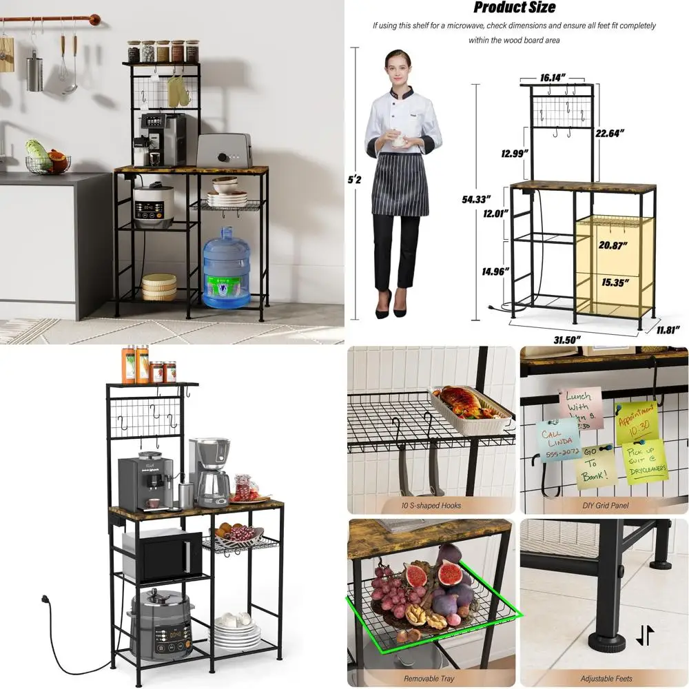 

6-Tier Black Kitchen Storage Rack with Power Outlet, Coffee Bar, Microwave Stand, S-Hooks, and Wire Basket