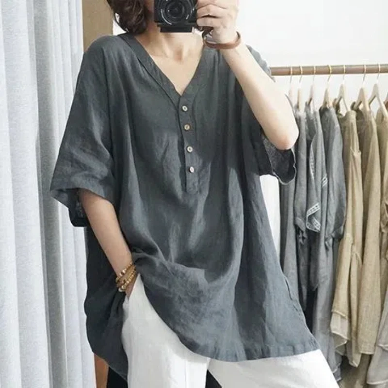 V Neck Plus Size Button Office Tops Tees Summer New Short Sleeve Solid Loose Simplicity Vintage T Shirts Casual Women Clothing