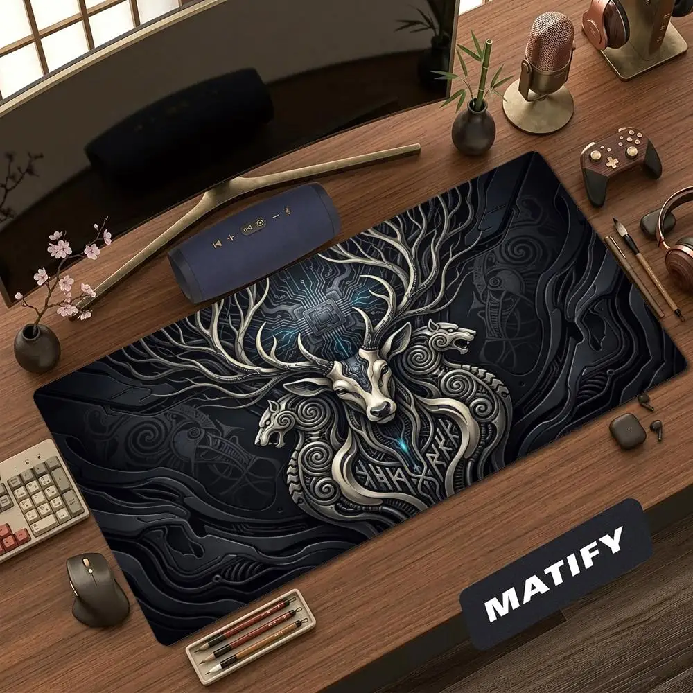 XXL Large Gaming Mouse Pad Nordic Rune Deer Wolf Circuit Tech Deskmat Non‑Slip Rubber Keyboard Mat Pc Game Desk Mats Mousepads