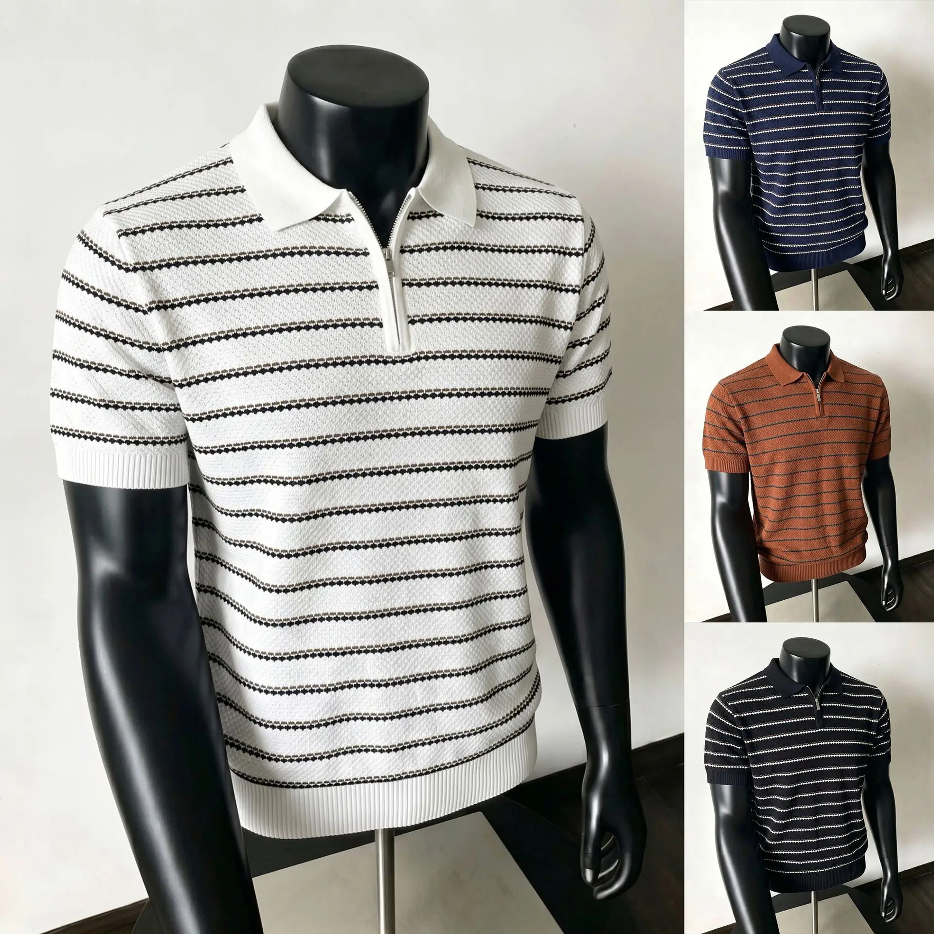 Summer Striped Half-Zip Lapel Ice Silk Short Sleeve Knit Polo Shirt Men's Premium Business Casual Top