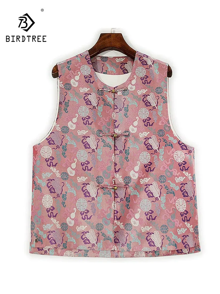

BirdTree-50MM Silk Song Brocade Elegant Vest, O Neck Sleeveless Jacquard, Women Retro Commute Loose Coat, 2025 Autumn C59290CC