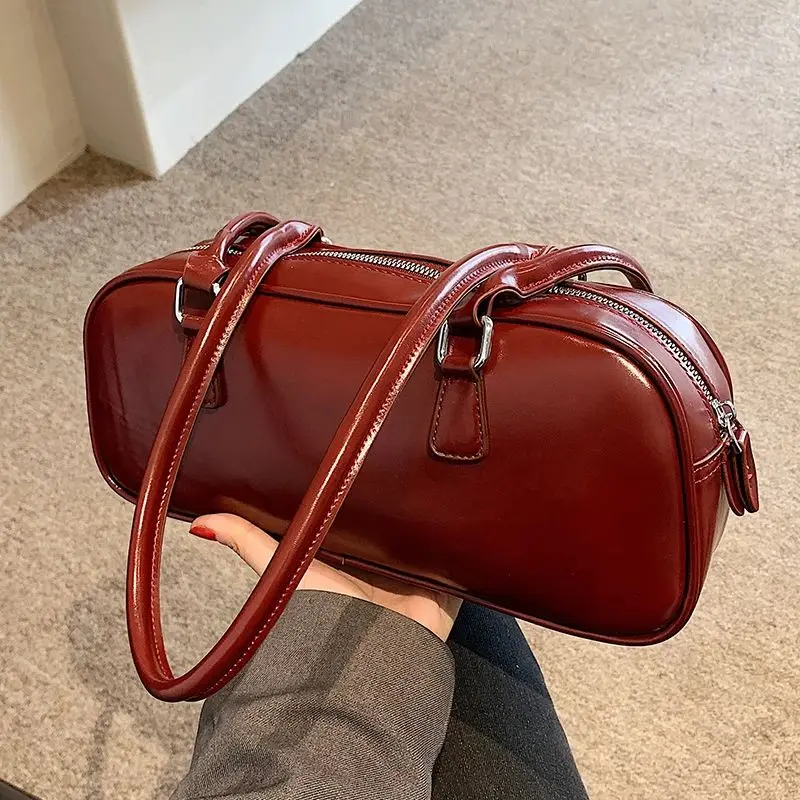 Retro Women\'s Wine Red Underarm Bag High Qulitity Glossy PU Ladies Large Capacity Totes Shoulder Bags French Female Handlebags