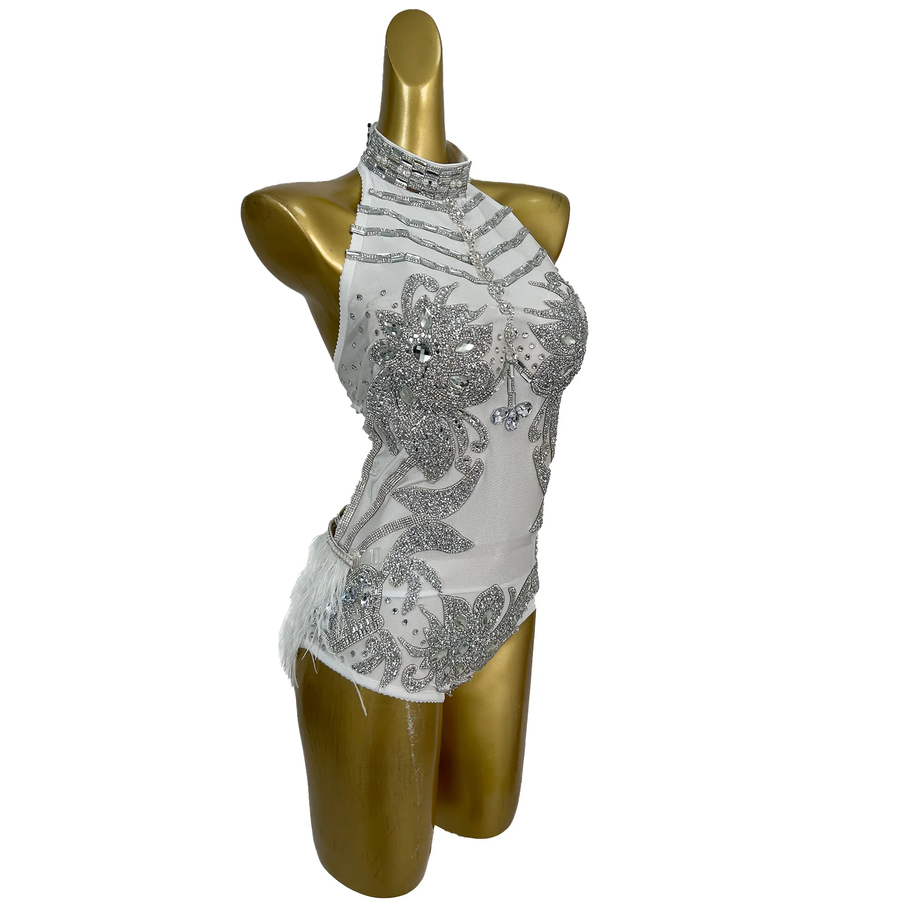 Kombinezony damskie z piórami i dżetami, na ramiączkach, idealne na imprezy w klubach nocnych, do tańca na rurze, na występy sceniczne, na festiwale.