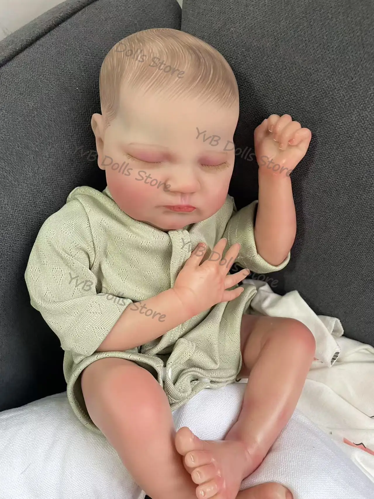 48CM Quinlyn Cloth Body Already Finished Paint Soft Touch Lifelike Sleeping Reborn Doll with Visible Veins Hand Draw Hair