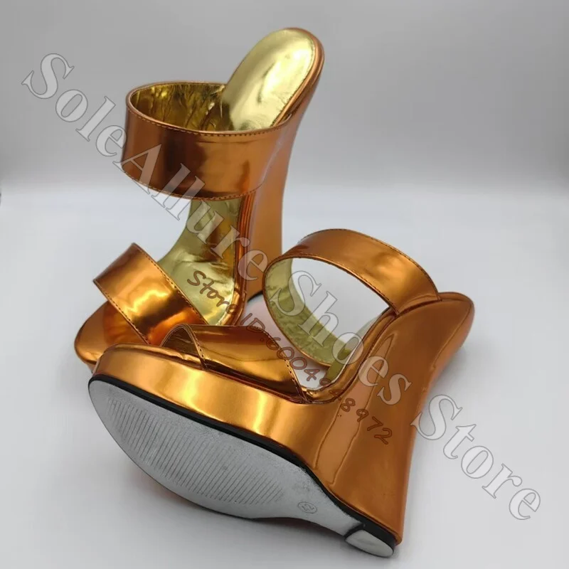 Sandalias de cuña metálicas color cobre con dos tiras, estilo mule, punta abierta, sin cordones, plataforma alta esculpida, estilo retro para mujer