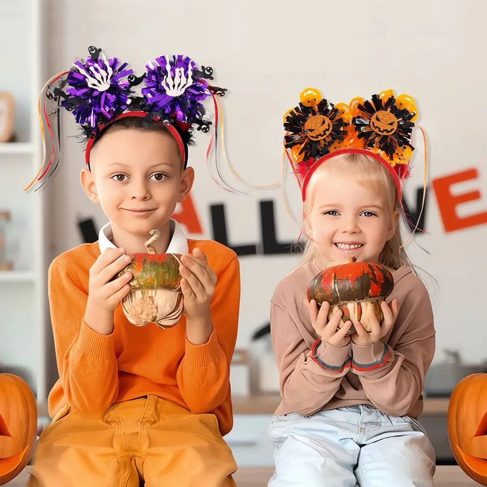 Diademas de murciélago para Halloween, diadema con borlas a rayas de calabaza, aro para el pelo de Halloween, atmósfera fantasma, artesanía, diadema de esqueleto de murciélago