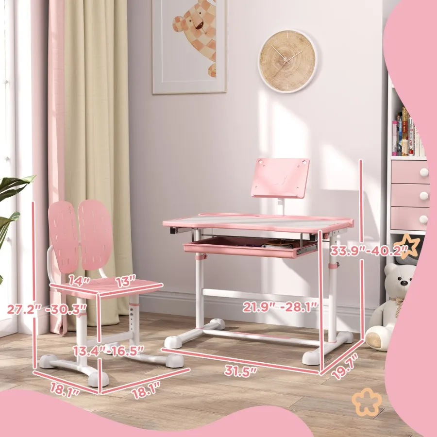 Qaba Adjustable Desk and Chair Set with Tilt Desktop and Storage Pink