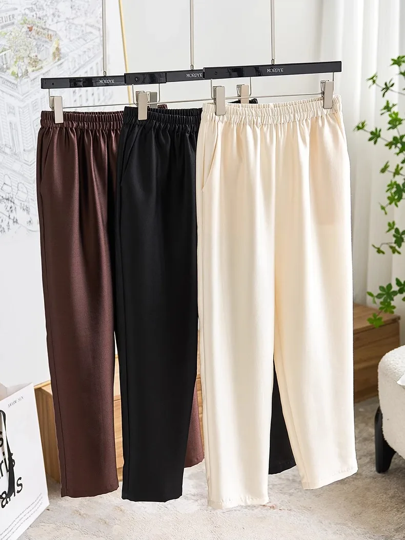 

Elegant High Waist Silk Woolen Scythe Pants Nine Points Casual Pants Women Summer Simple Commute Style with Pockets Slimming ...