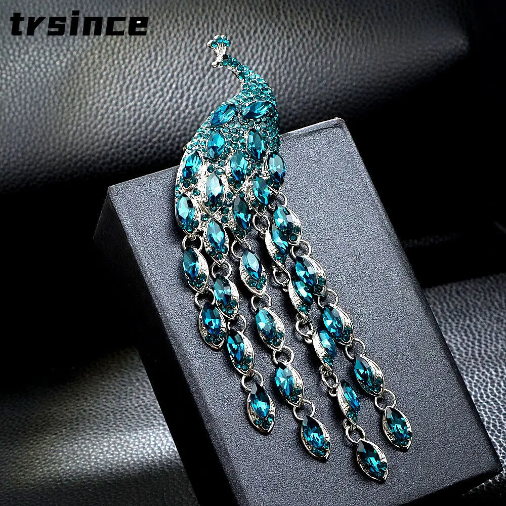 Vintage Long Tailed Colorful Crystal Peacock Tassel Brooch Women Fashion Pin Exiquisite Gift
