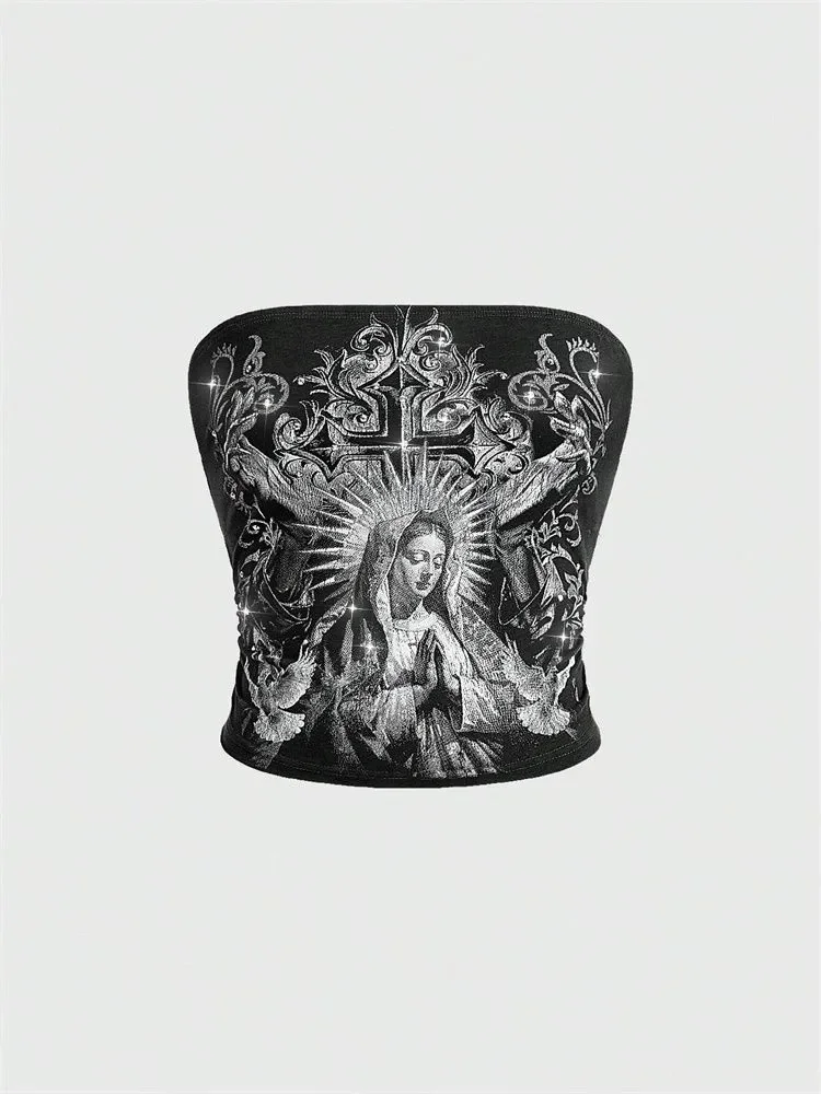 Top de tubo con estampado gótico para mujer, ropa Y2K de verano sin mangas, Top corto Soulder, ropa de calle