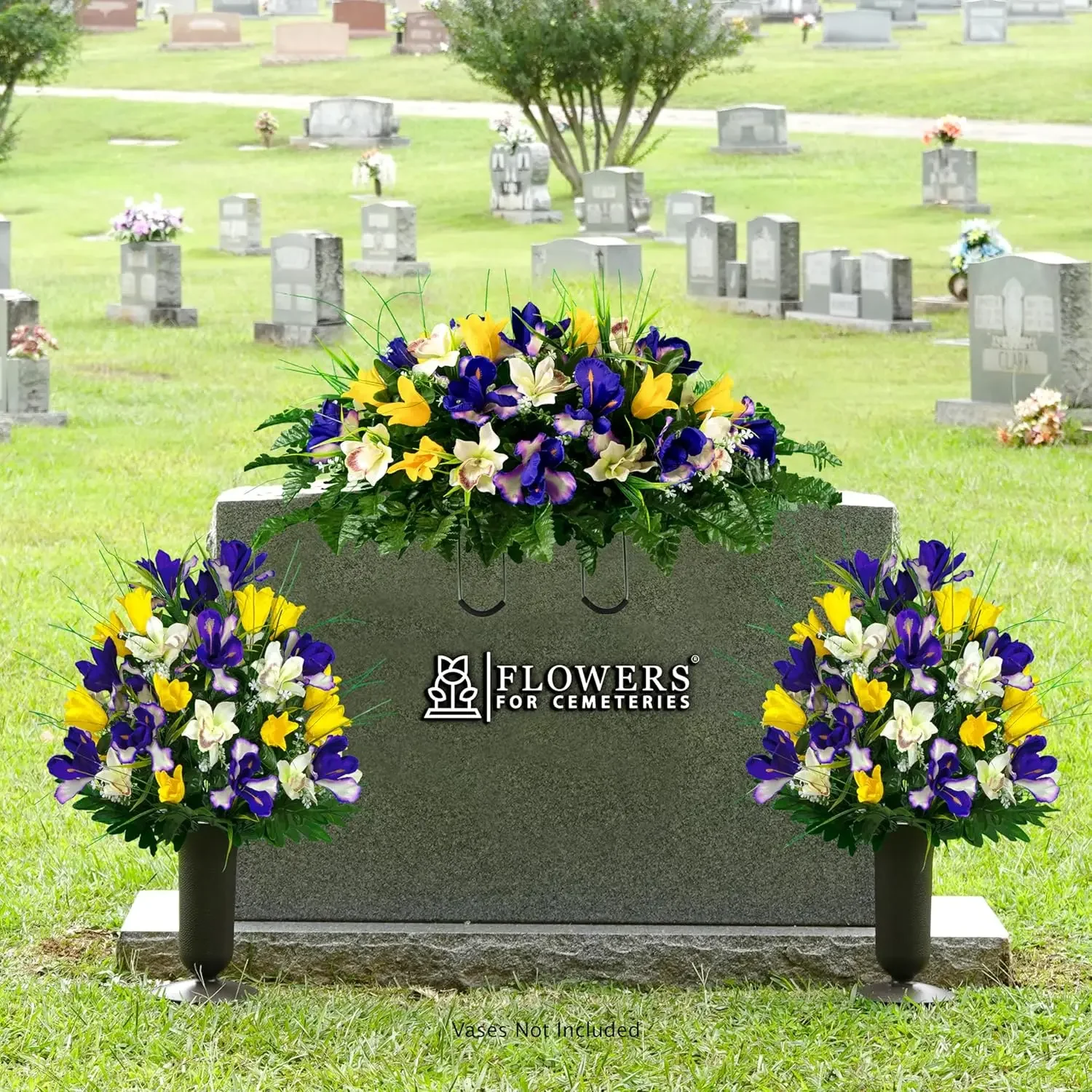 Fleurs de cimetière artificielles en soie de sympathie, tulipes vibrantes réalistes, décoration de tombe extérieure, 2 bouquets d'iris violets tulipes jaunes