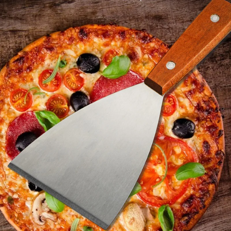 قواطع البيتزا ملعقة مائلة ستيك برغر فطيرة البيتزا مكشطة مجرفة أواني المطبخ الشواء مقبض خشبي الفولاذ المقاوم للصدأ #4