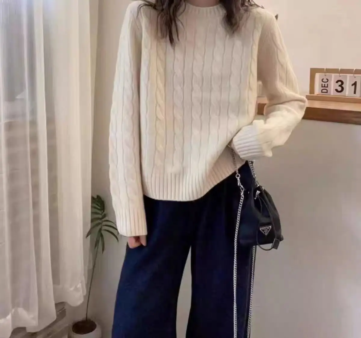 European goods high-end 100%wool sweater women's round neck hemp thickened knitted sweater twisted flower cashmere sweater top