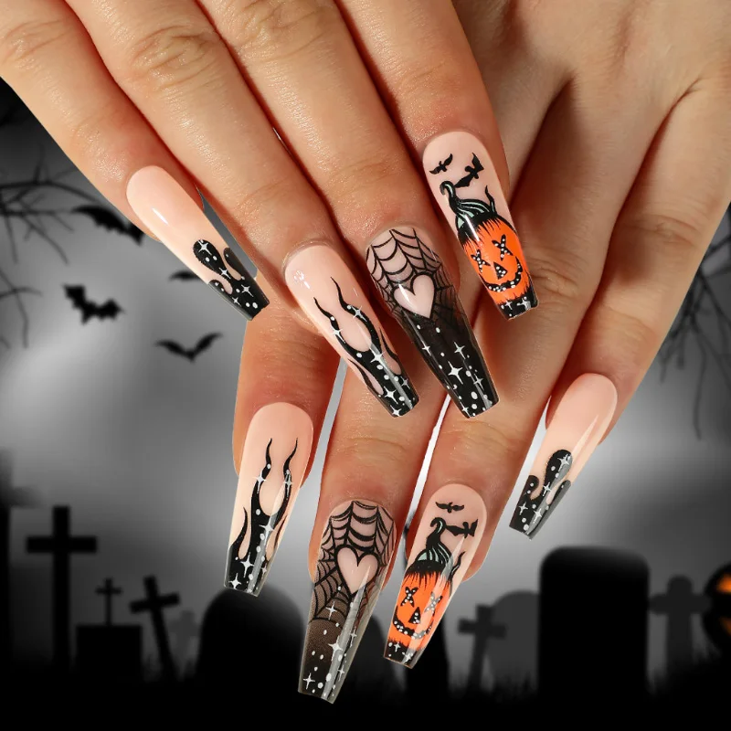 

24PCS Halloween-Themed Long Press-On Fake Nails with Black Flame Hearts Spider Webs Pumpkins and Bats for Girls