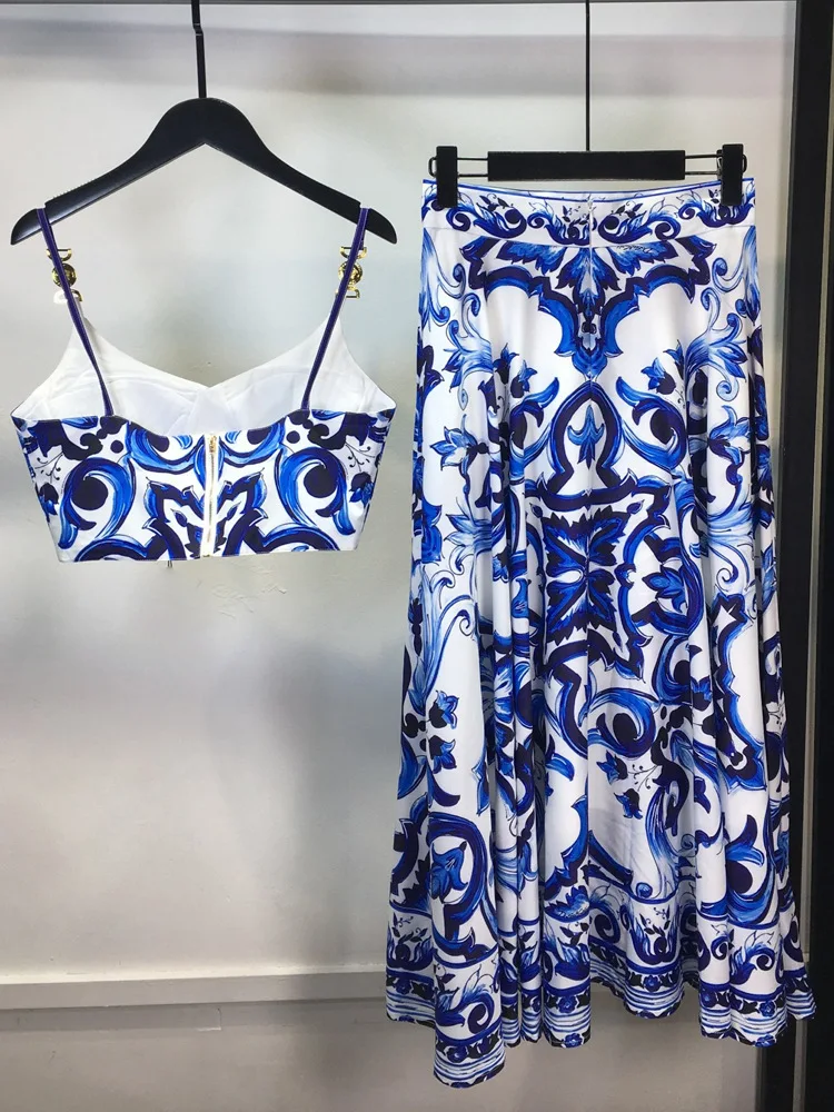 Summer Vacation Blue And White Porcelain Print Skirt Sets Sexy Spaghetti Strap Padded Cup Crop Top+Long Skirt 2 Piece Set Women