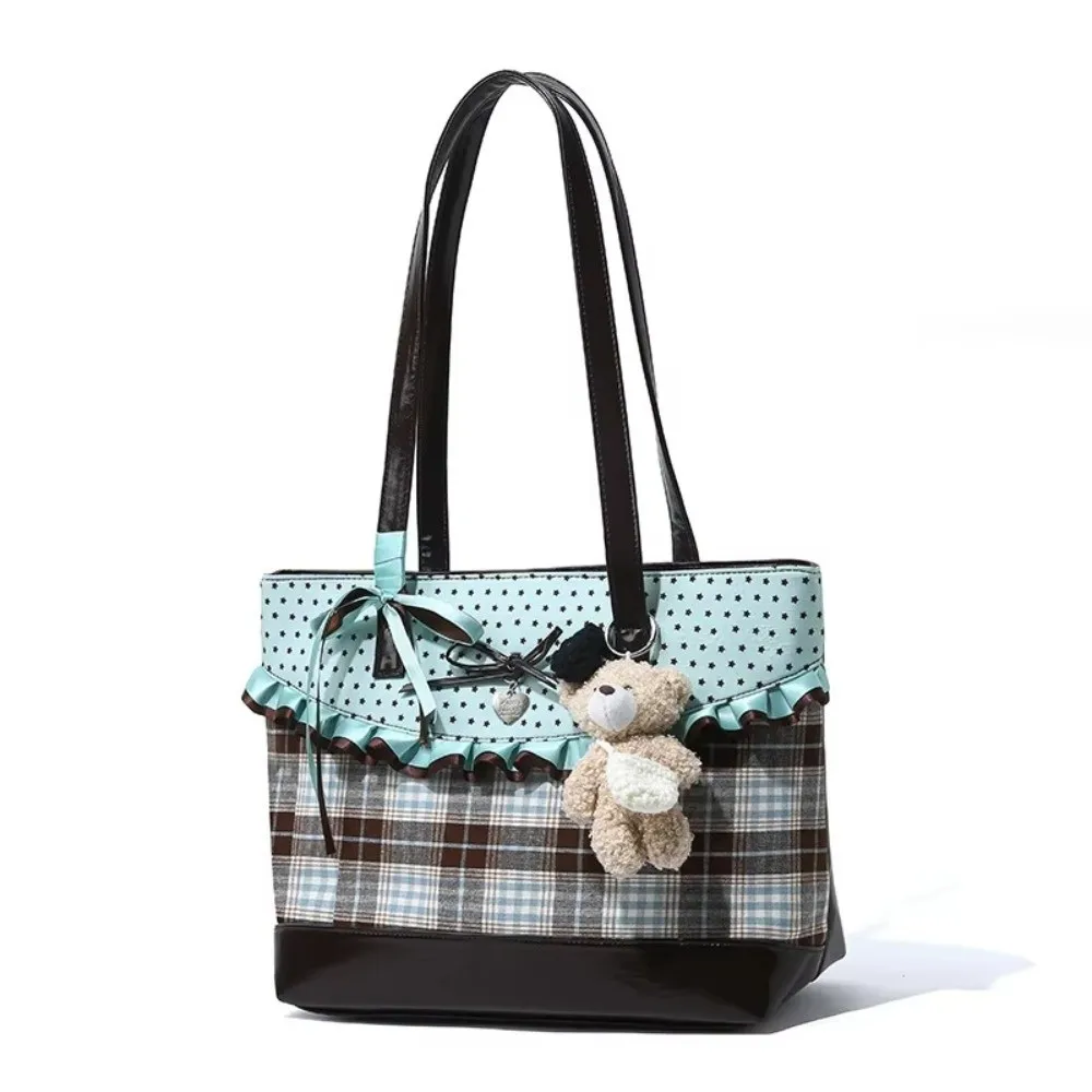 Mint Green Canvas Tote Bag Plaid Pattern Chocolate Color Handbag Shoulder Bag Polka Dot Design Bow Lace Plaid Tote Bag