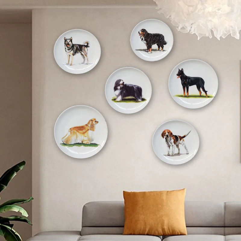 

Cute Dog Pattern Plate American Style Oil Painting Animal Home Decorative Round Tray Living Room Bedroom Porch Ceramic Ornaments