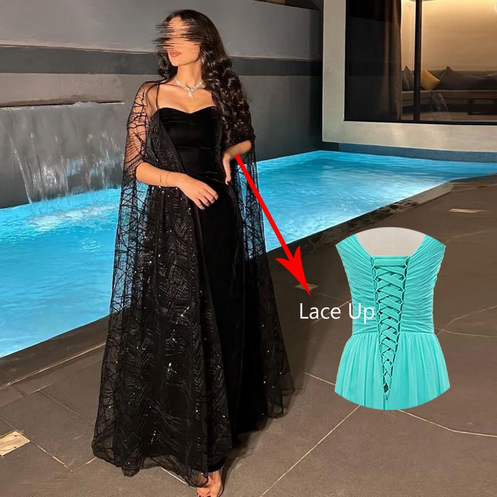 Fashion Black Strapless A-Line Stole Formal Occasion Prom Dresses Satin Floor-Length Women Evening Party Dress