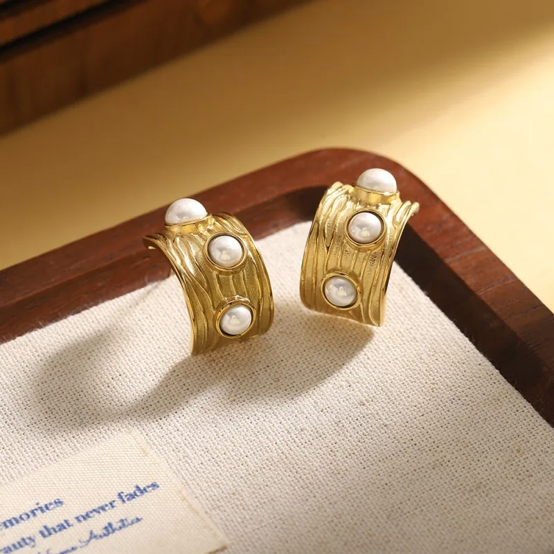 Women Stainless Steel Gold Plated Textured C Hoop Earrings Multi Pearl Inlay Vintage Retro Dainty Ladies Gift Jewelry